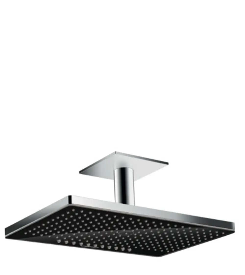Deckenmontierte Kopfbrause in Schwarz/Chrom von Hansgrohe mit rechteckiger Form und Düsenanordnung, geeignet für eine moderne Dusche.